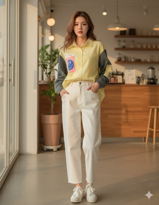 Yellow Button Down Shirt With Denim Sleeve