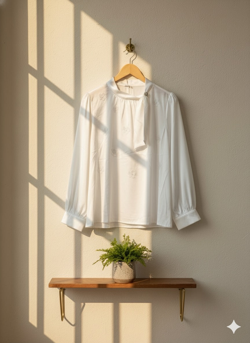 Embroidered Tie-Neck Blouse- White