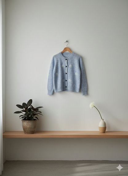 Floral Embroidered Cardigan - Blue