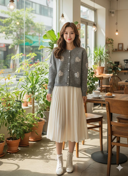 Sequin-Embellished Heart Cardigan - Ash