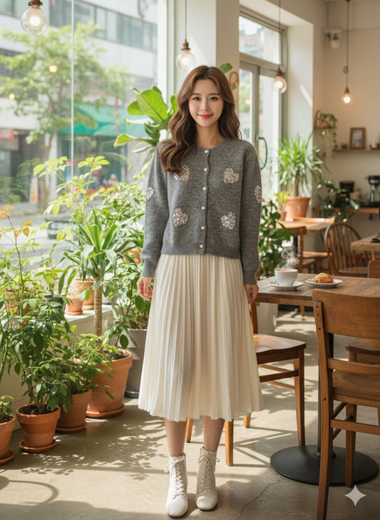 Sequin-Embellished Heart Cardigan - Ash