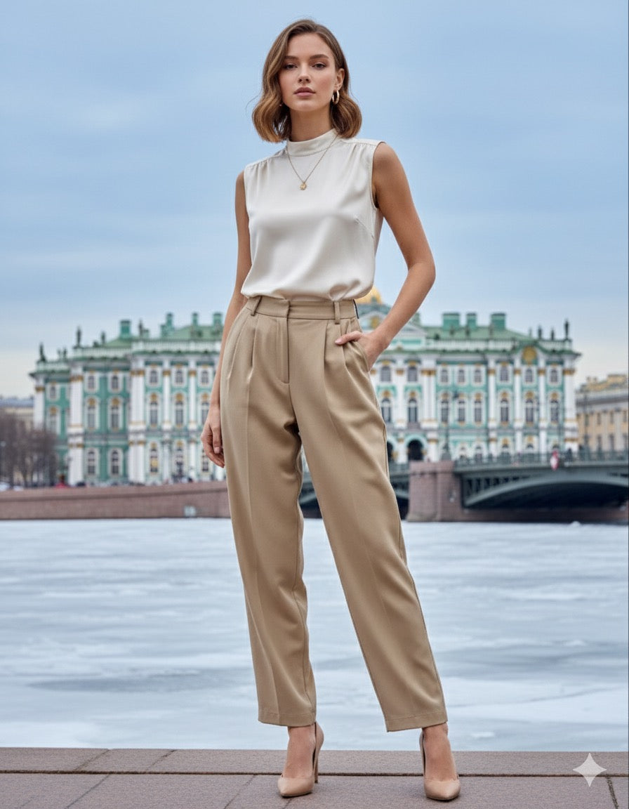 Beige High-Waisted Pleated Trousers