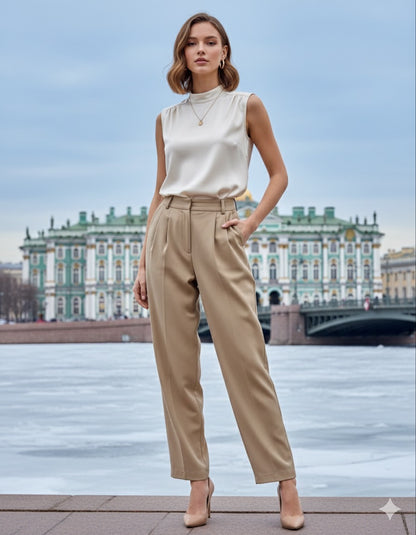 Beige High-Waisted Pleated Trousers
