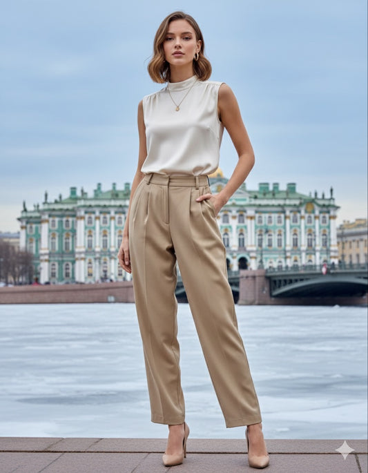Beige High-Waisted Pleated Trousers