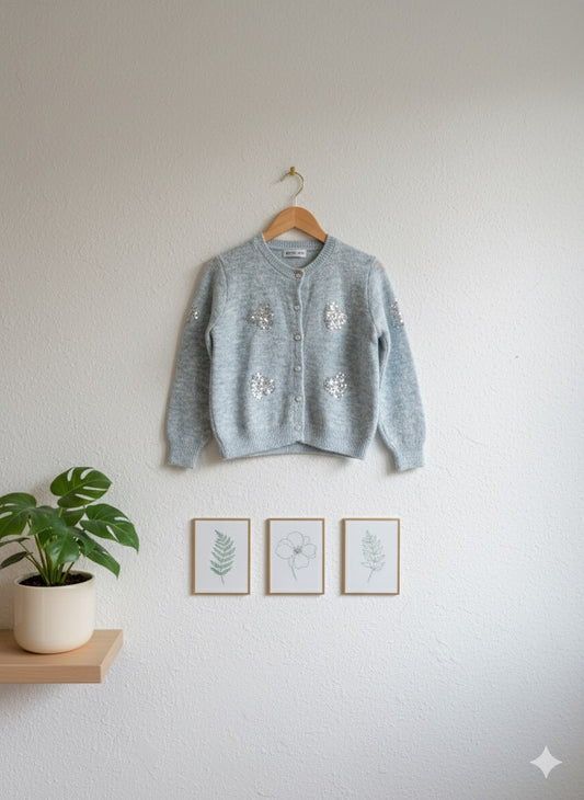 Sequin-Embellished Heart Cardigan - Blue