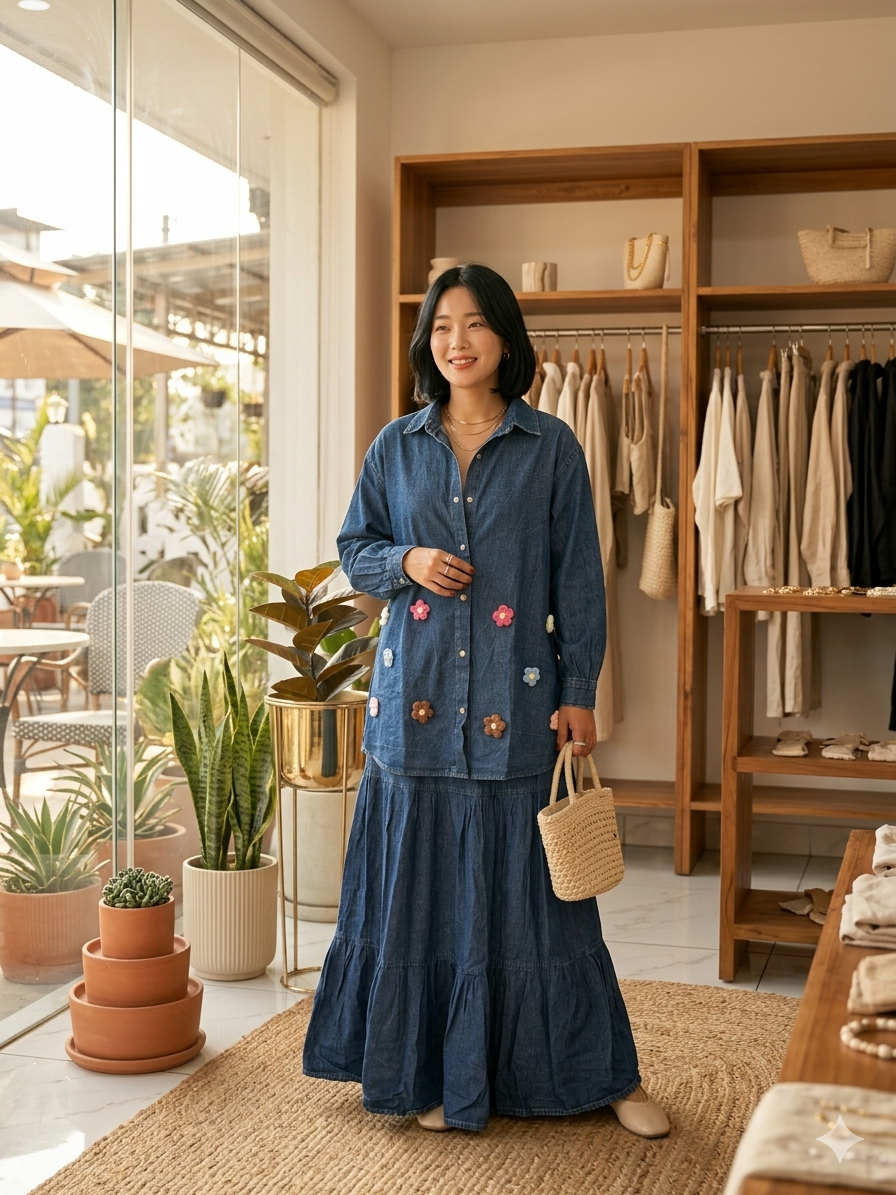 Floral Charm Denim Dress - Dark