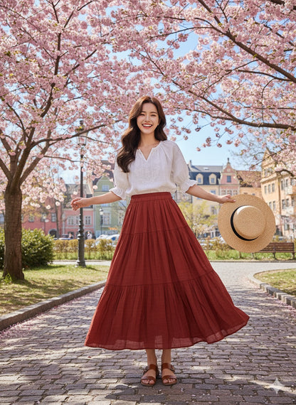 Red Boho Tiered Long Skirt