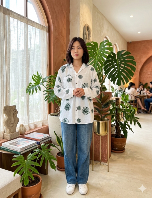 Minimal Bloom Shirt - Green Floral