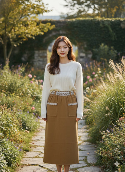 Vintage Lace Accent Skirt - Caremel