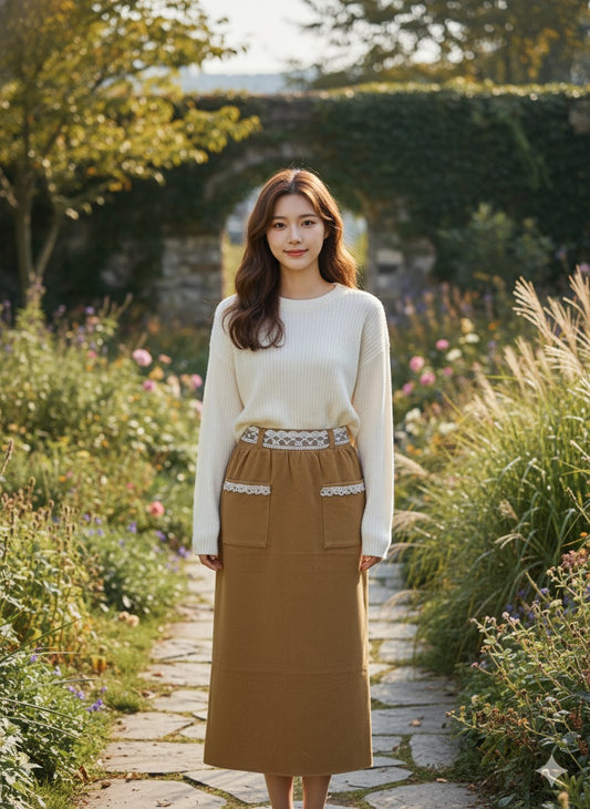 Vintage Lace Accent Skirt - Caremel