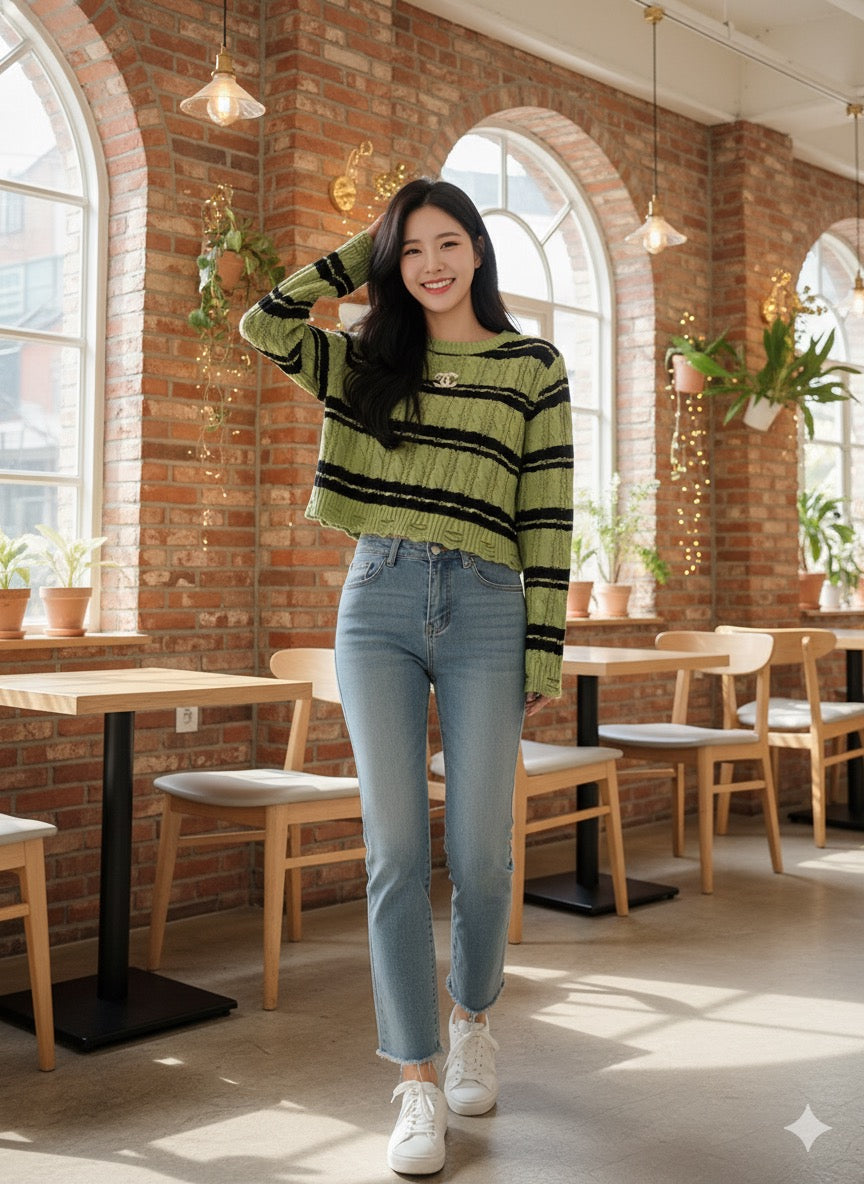 Striped Cropped Jumper - Green