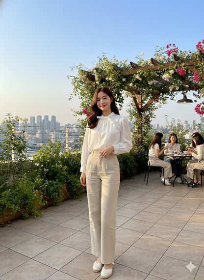 Embroidered Tie-Neck Blouse- White