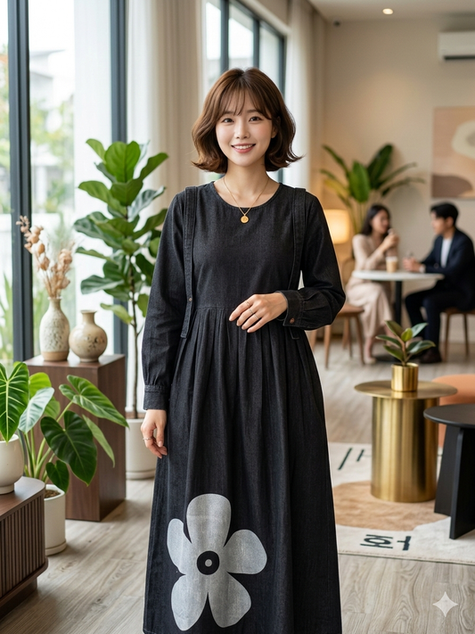 Tie Strap Denim Gown - Black