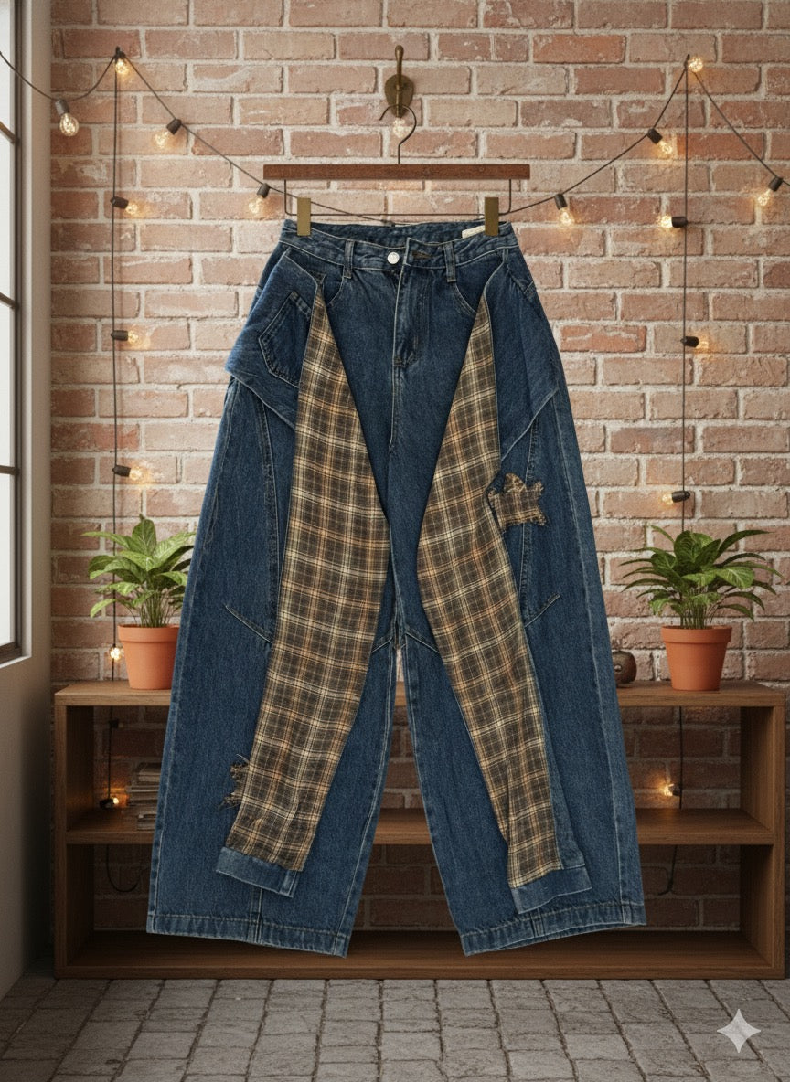 Plaid Panel Baggy Denim