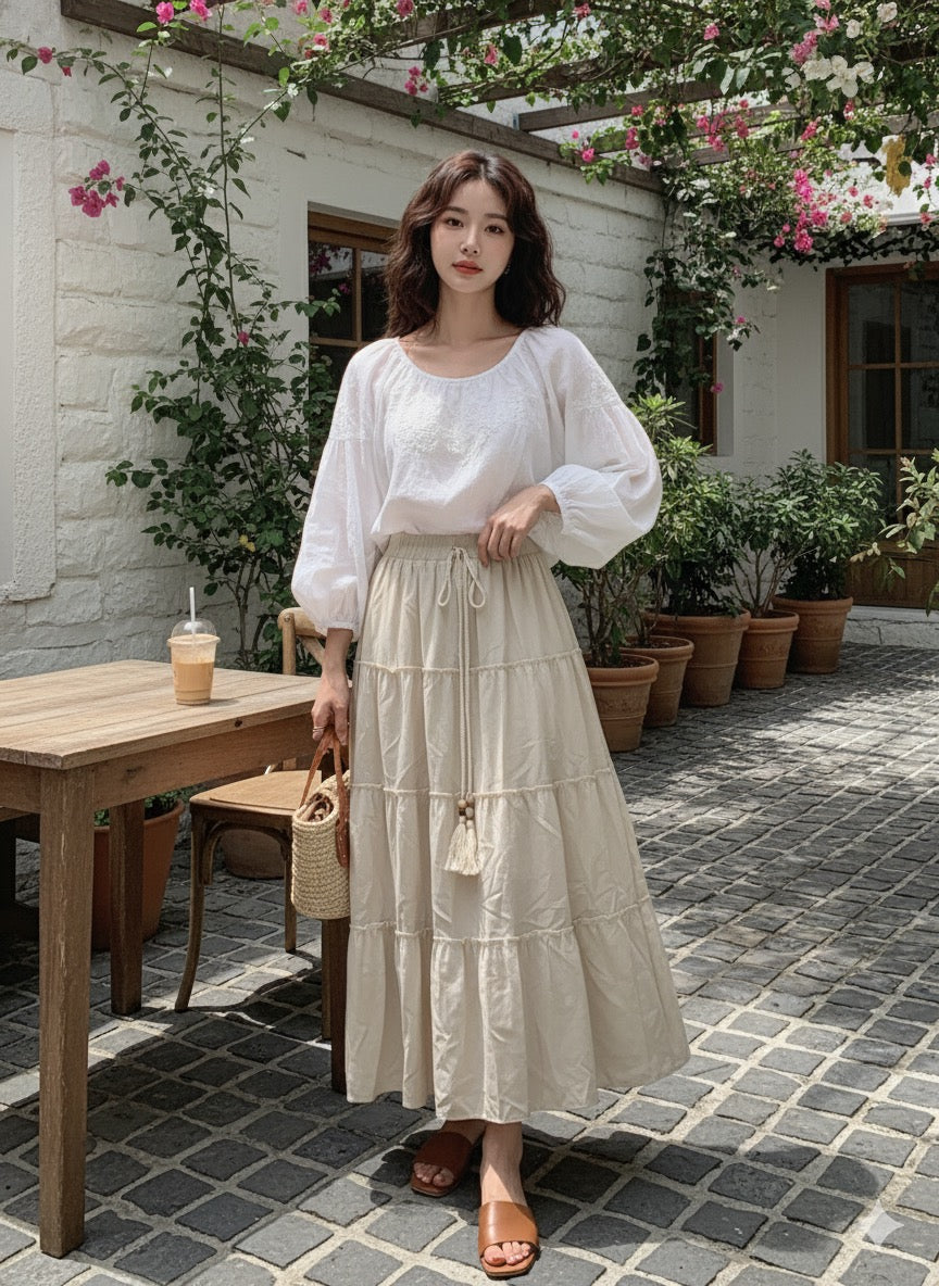 Drawstring Tiered Skirt - Cream