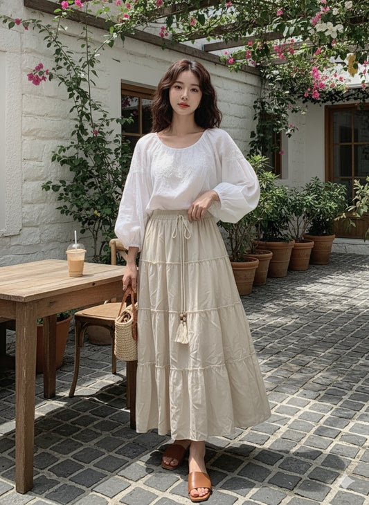 Drawstring Tiered Skirt - Cream