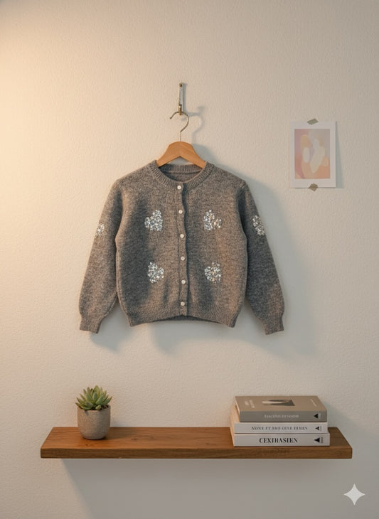 Sequin-Embellished Heart Cardigan - Ash