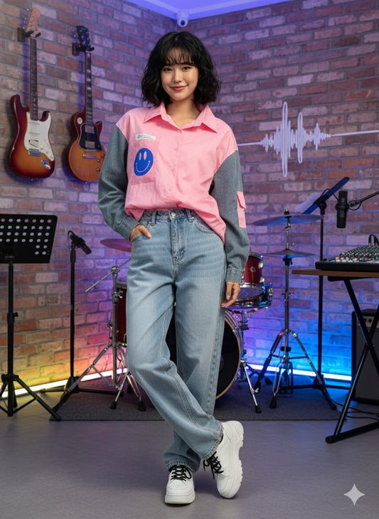 Pink Button Down Shirt With Denim Sleeve