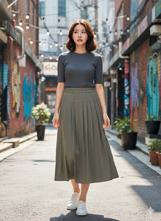 Olive Green Flared Skirt With Pleats