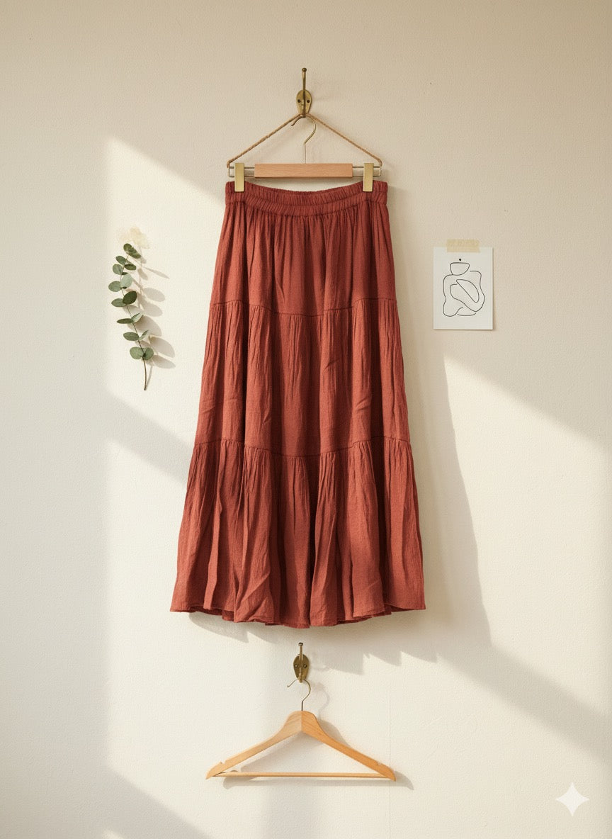 Red Boho Tiered Long Skirt