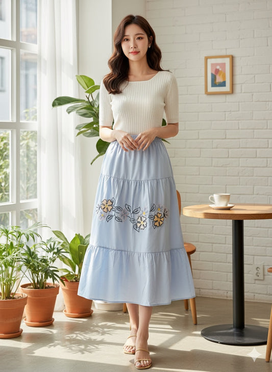 Blue Tiered Embroidered Skirt