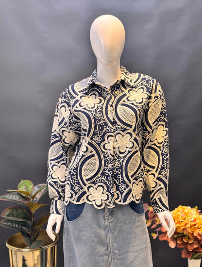 Navy Blue Floral Whisper Lace Shirt