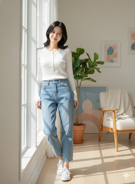 Ribbed Henley Top - White