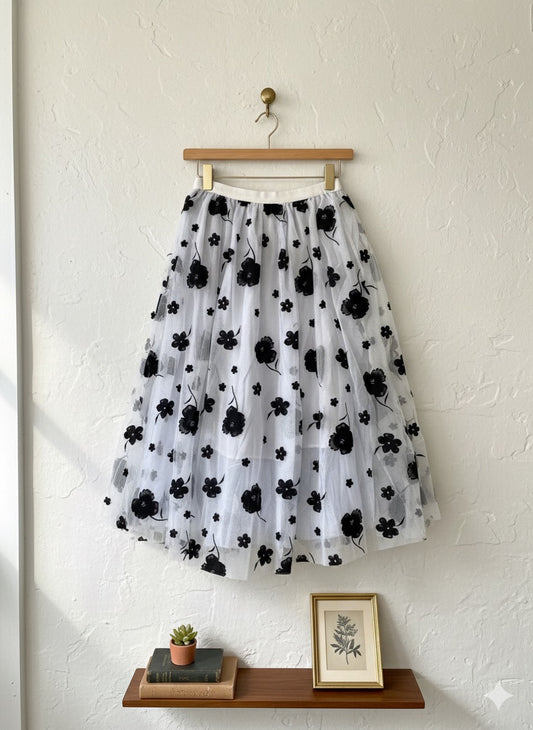 White Floral embroidered Tulle skirt.