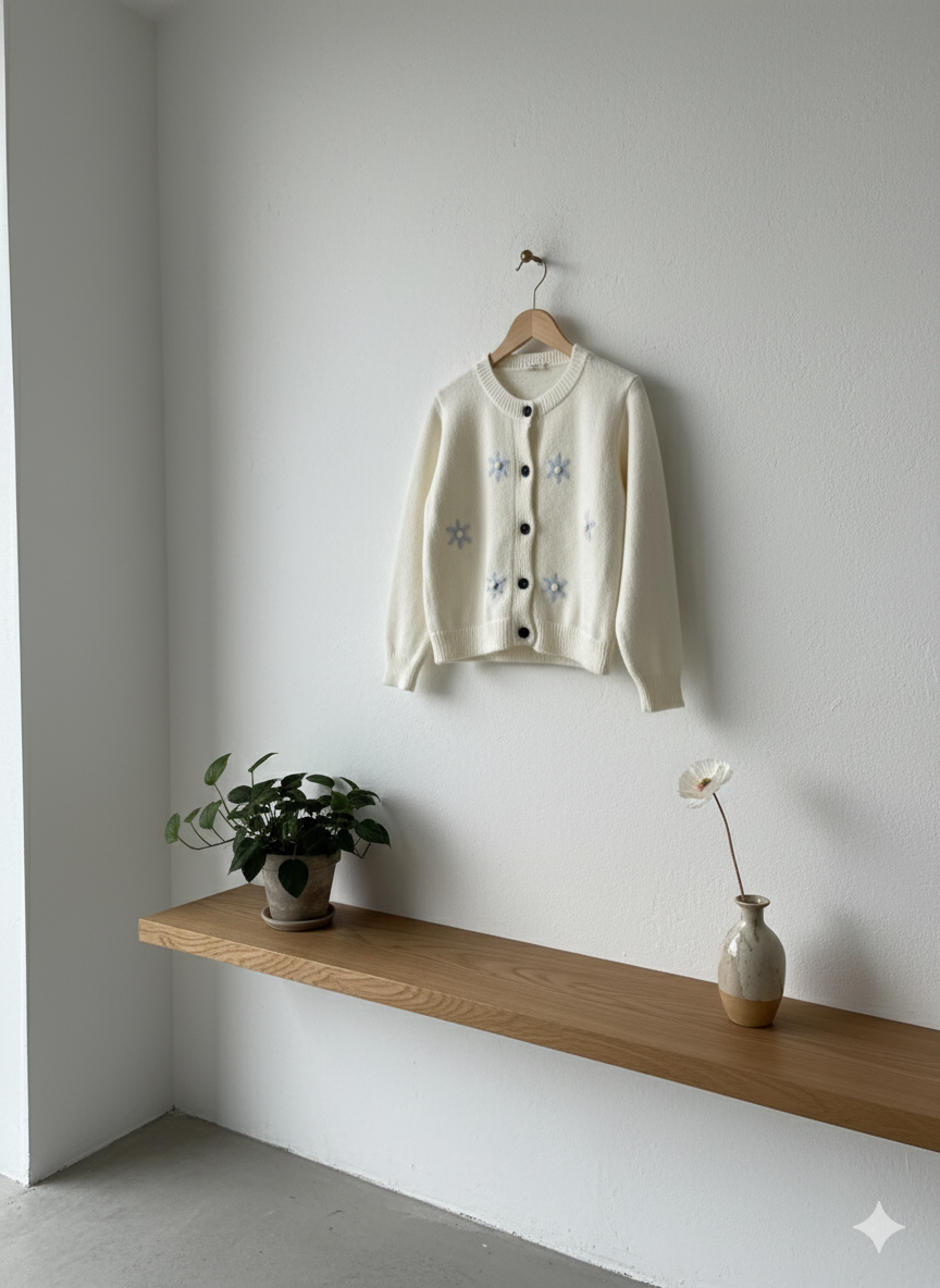 Floral Embroidered Cardigan - Off White