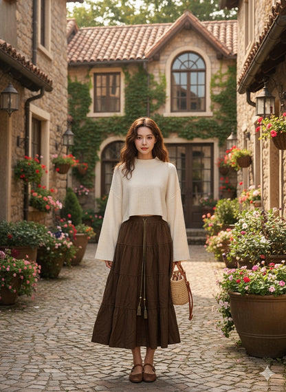 Drawstring Tiered Skirt - Brown