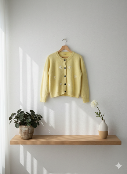 Floral Embroidered Cardigan - Yellow