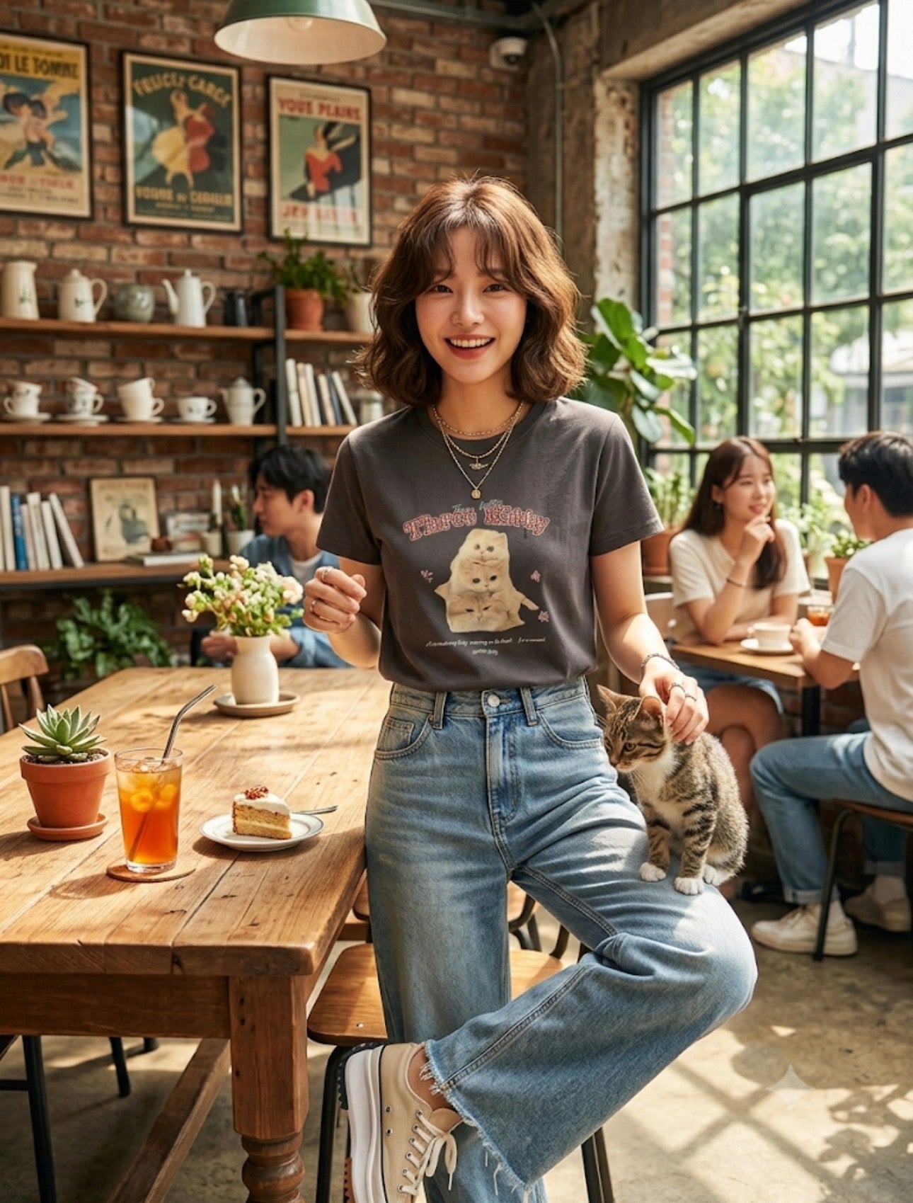 Kitty Stack Tee - Grey