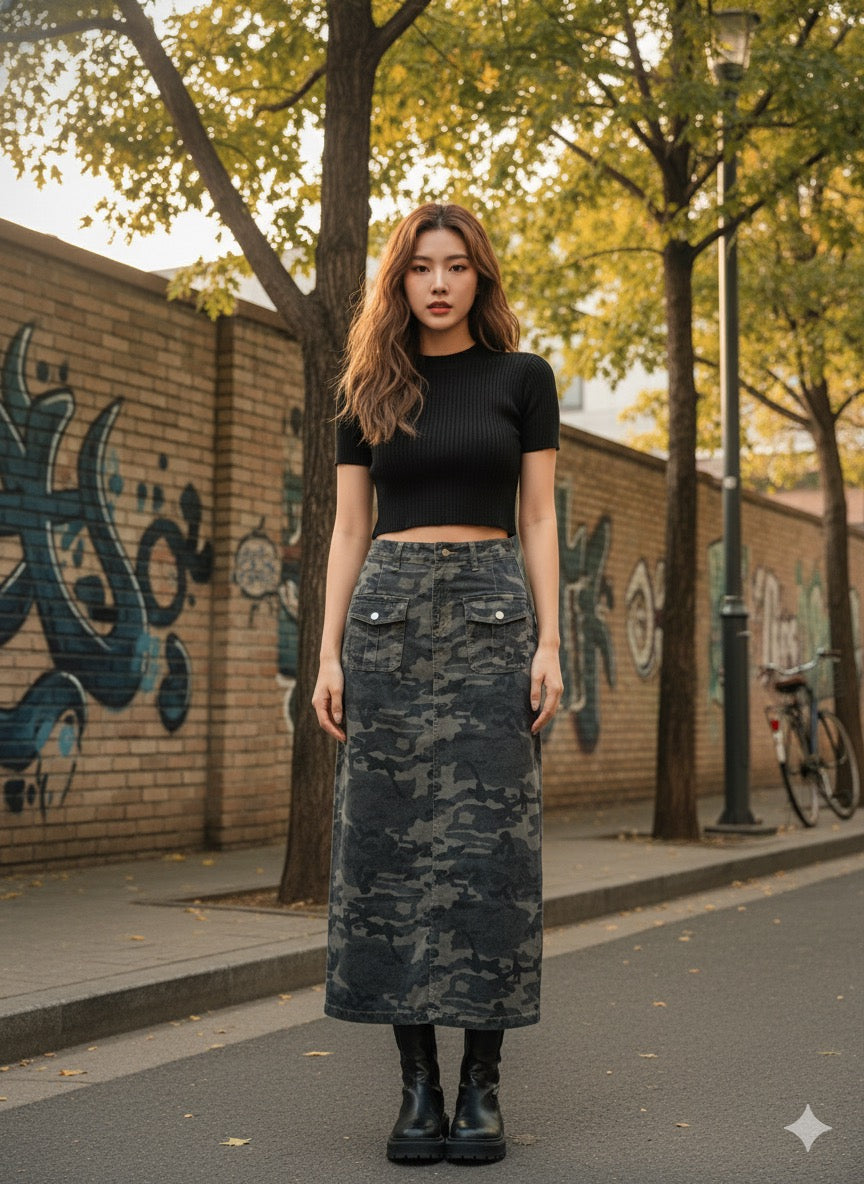 Camo Denim Skirt