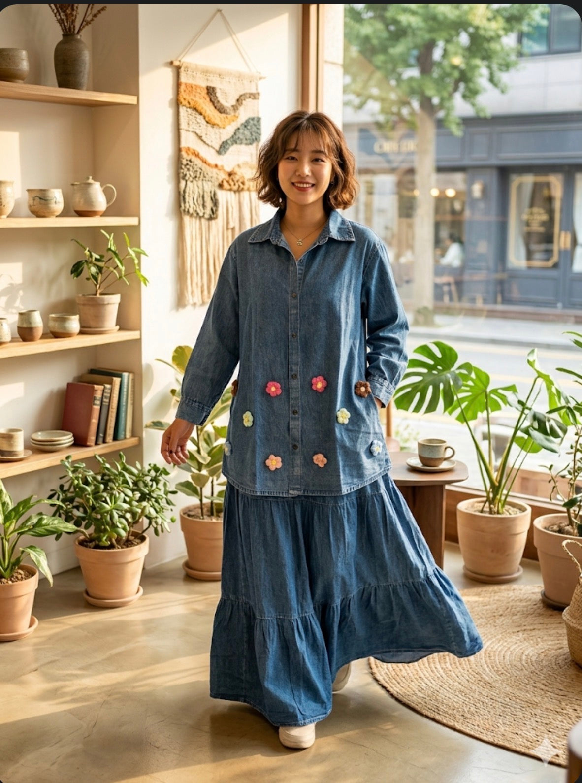 Floral Charm Denim Dress - Medium