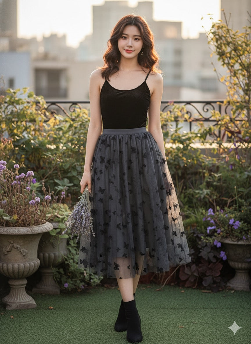 Butterfly Print Skirt - Black