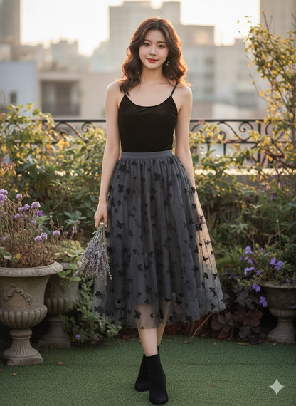Butterfly Print Skirt - Black