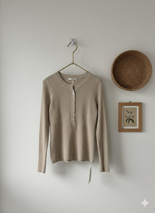 Ribbed Henley Top - Beige