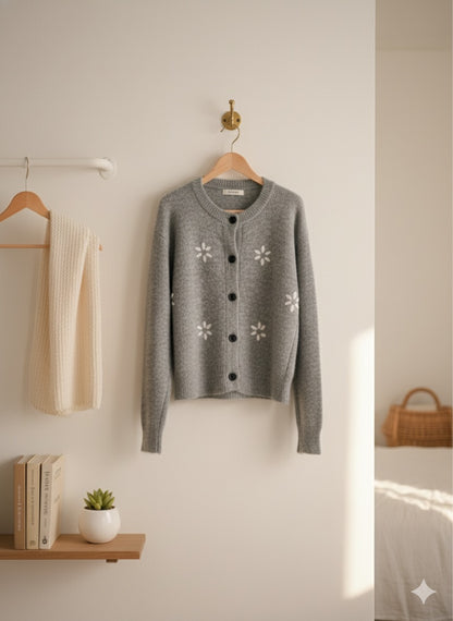 Floral Embroidered Cardigan - Ash