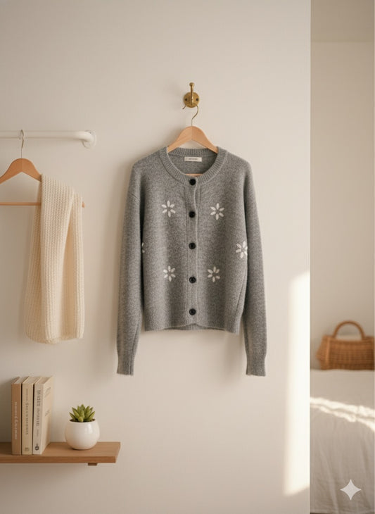 Floral Embroidered Cardigan - Ash