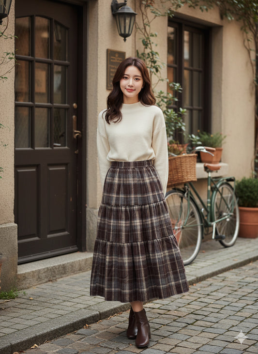 Flannel Tiered Skirt - Brown