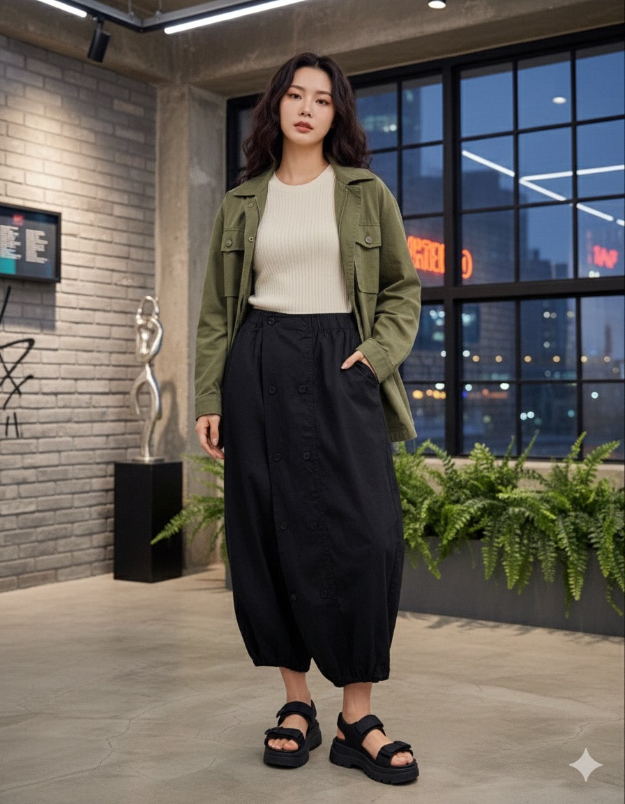 Black Boho Buttoned Drop-Crotch Pants