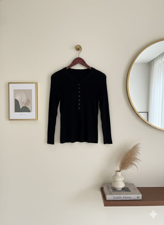 Ribbed Henley Top - Black