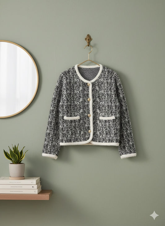 Black Chanel-Style Tweed Cardigan”,