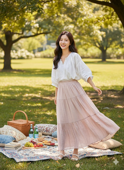 Pink Boho Tiered Long Skirt
