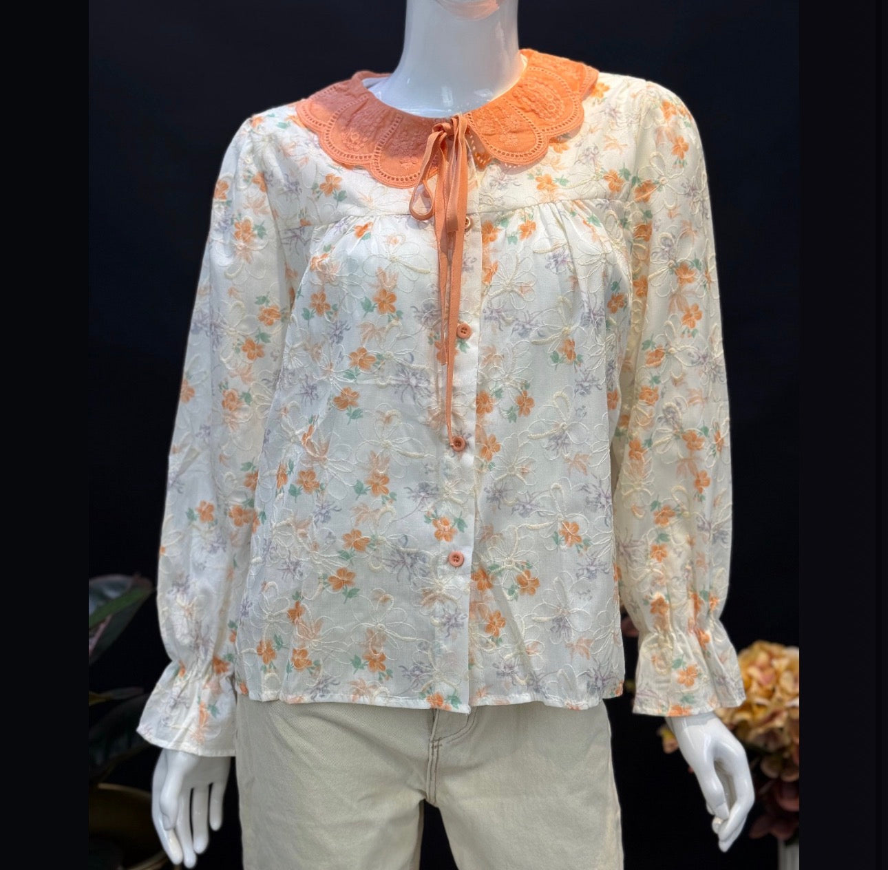 Vintage Floral Embroidered Peter Pan Collar Blouse