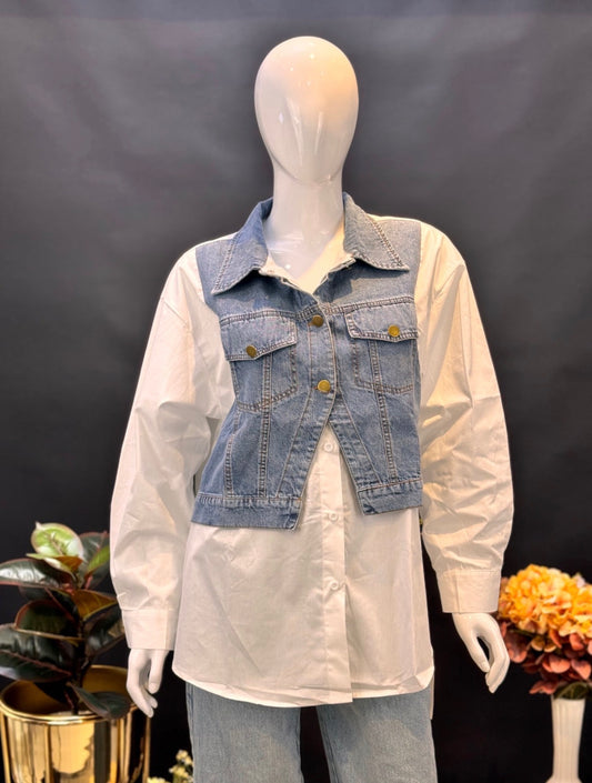 Oversized White Shirt With Cropped Denim Vest