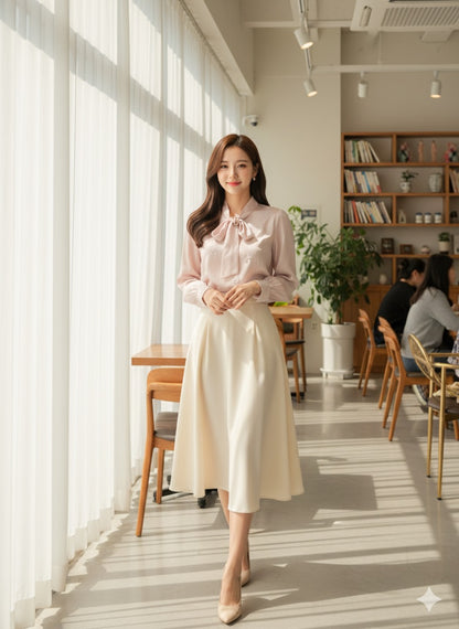 Embroidered Tie-Neck Blouse.