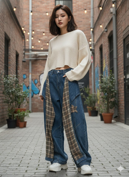 Plaid Panel Baggy Denim
