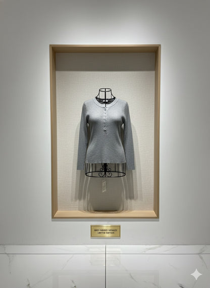 Ribbed Henley Top  - Ash