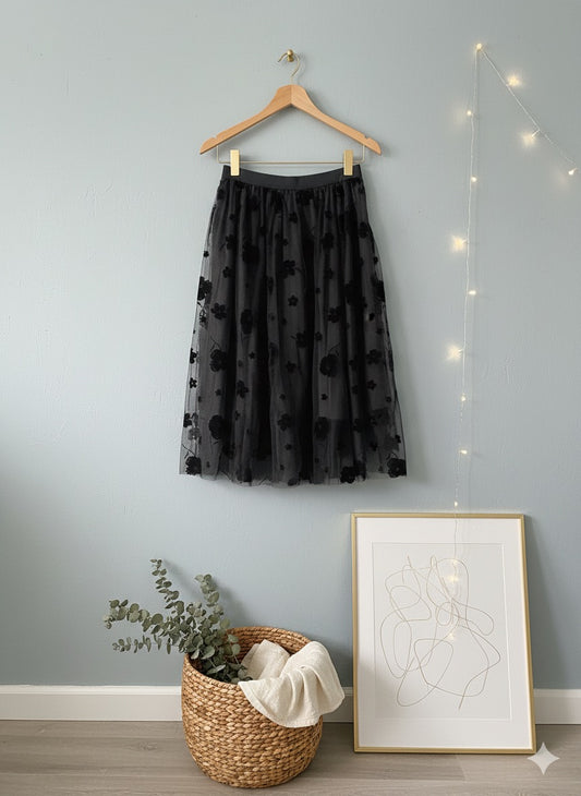 Black Floral embroidered Tulle skirt.